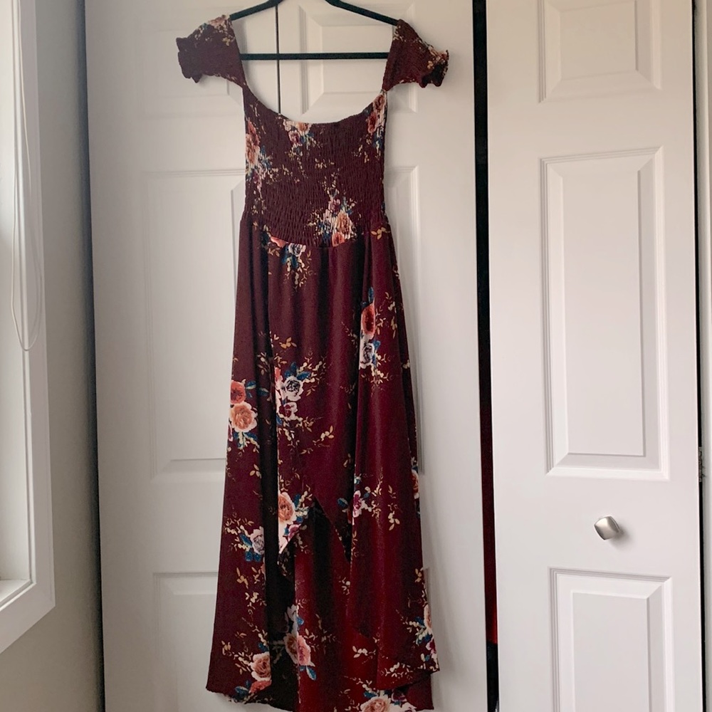 Off the Shoulder Maroon Floral Dress L